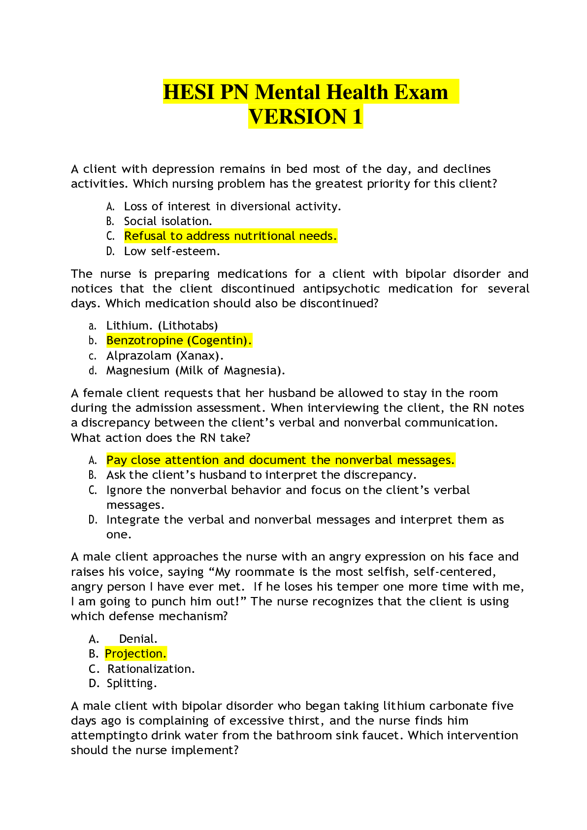 Latest 20222023 HESI PN Mental Health Exam Version 1 Questions